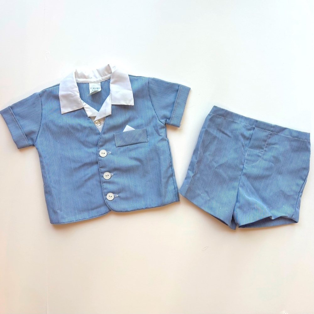 Vintage Alexis Blue/White Stripe Short Sleeve Faux Suit Shorts Set Boy 12 Months